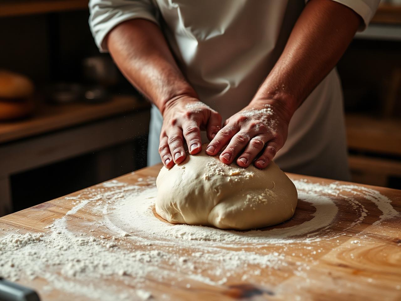 Baker kneading fresh dough at El Manjar Bakery